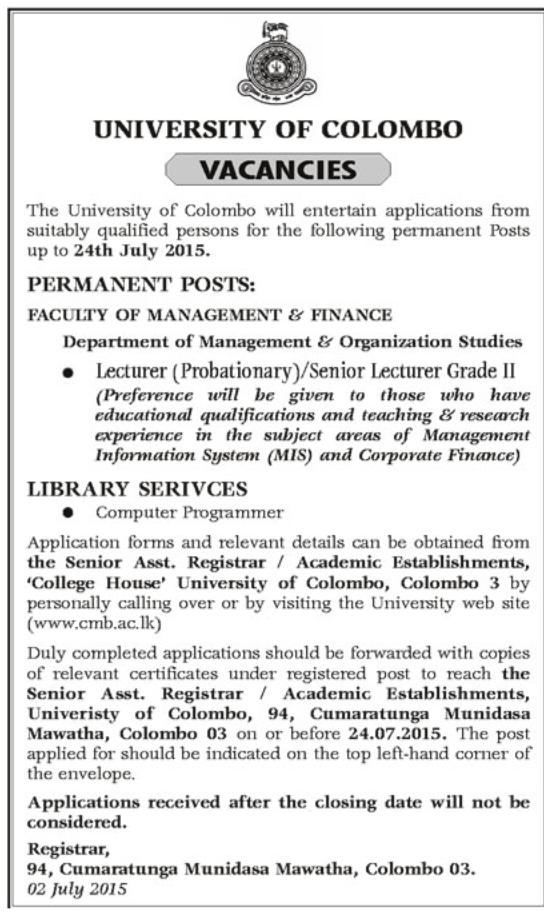 Lecturer & Computer Programmer Vacancies in University of Colombo