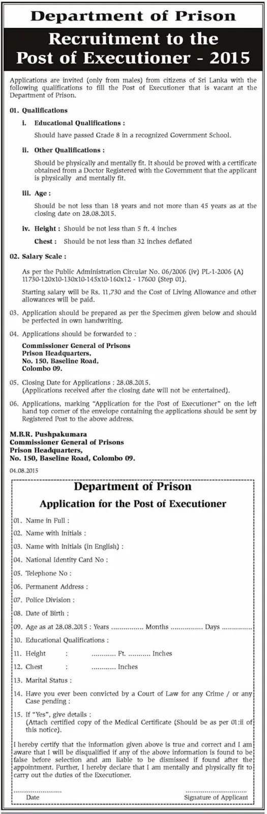 Executioner Jobs Vacancies in Department of Prisons
