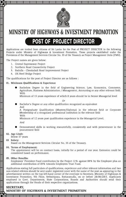 Project Director Vacancy in Ministry of Highways & Investment Promotion