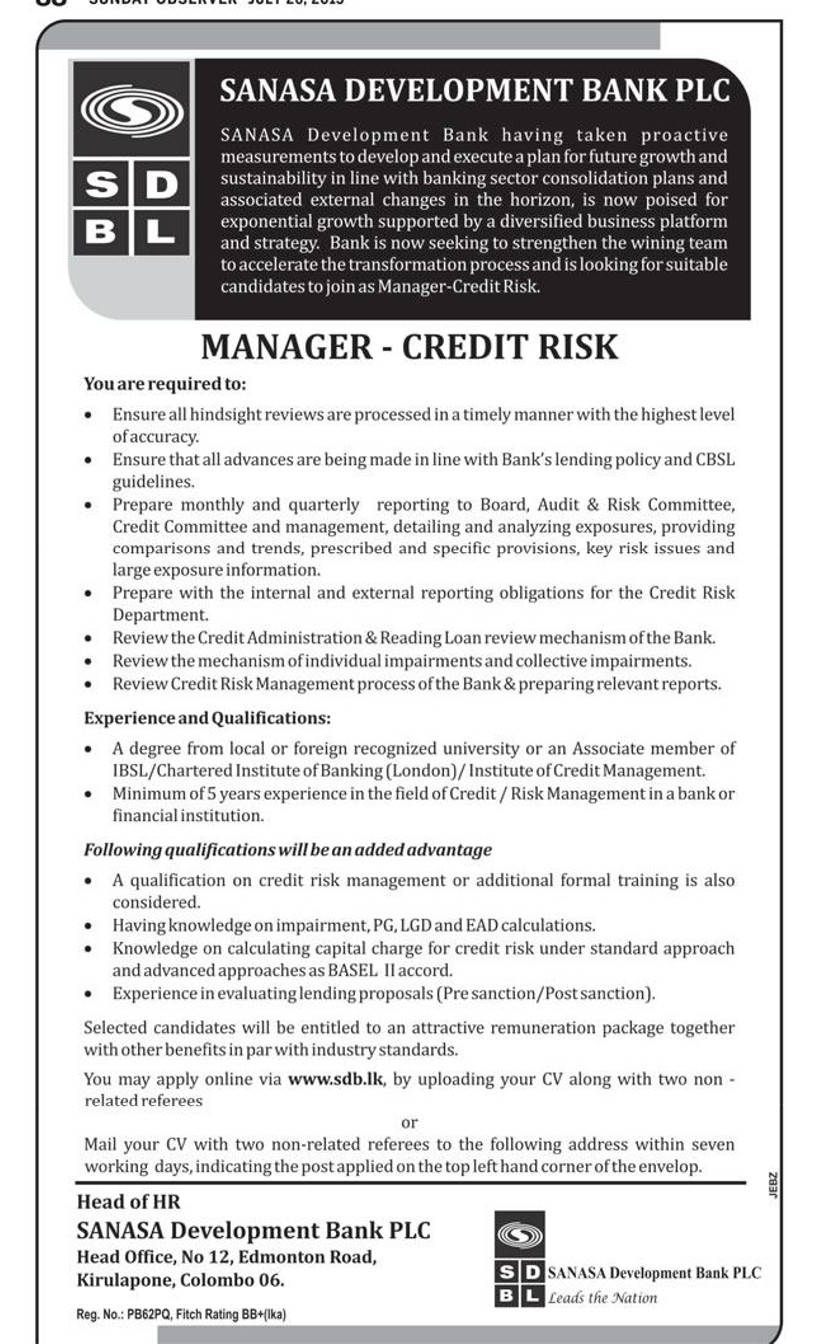 Credit Risk Manager Vacancies in SDB Bank