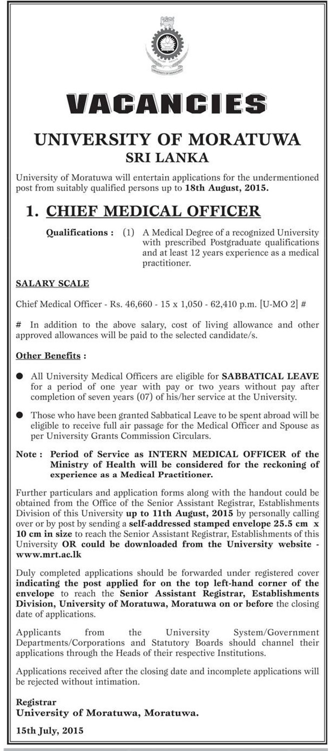 Chief Medical Officer Vacancy in University of Moratuwa