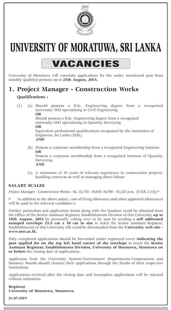 Project Manager of Construction Works Vacancy in University of Moratuwa