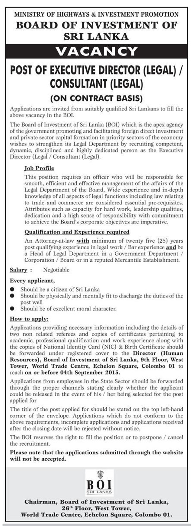 Executive Director & Consultant Vacancies in Board of Investment
