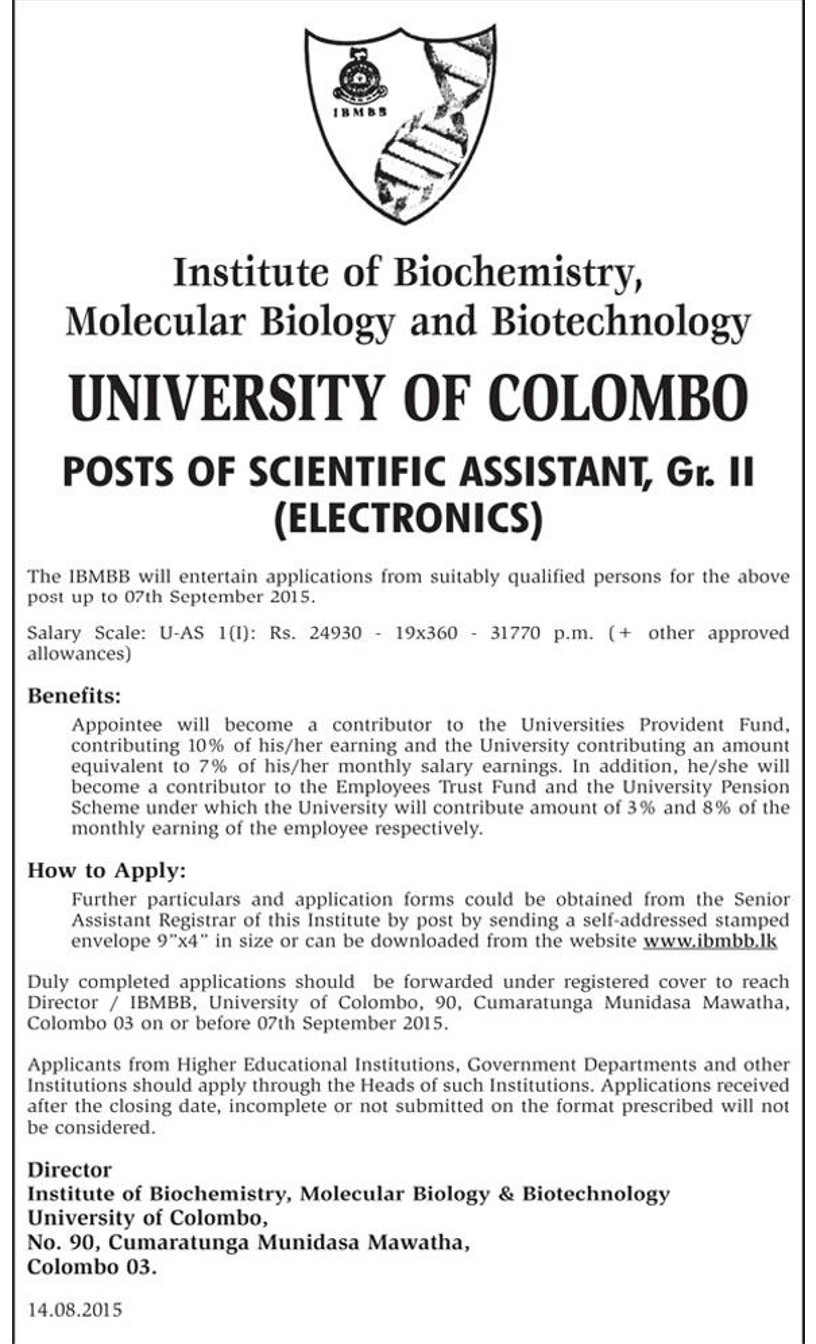 Scientific Assistant Vacancies in University of Colombo