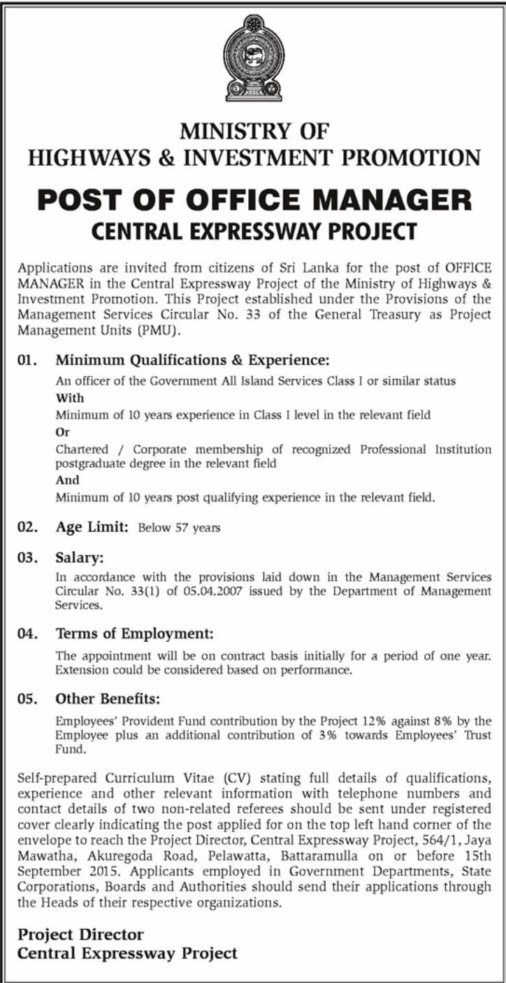 Office Manager Job Vacancy in Central Expressway Project