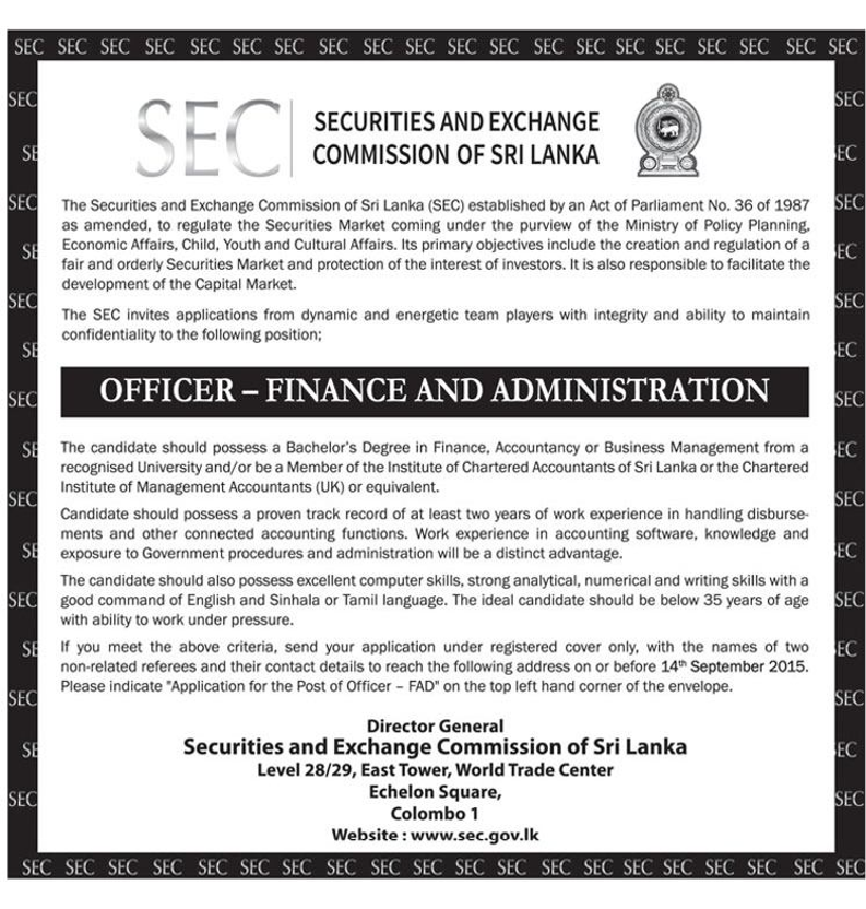 Officer Vacancies in Securities and Exchange Commission of Sri Lanka