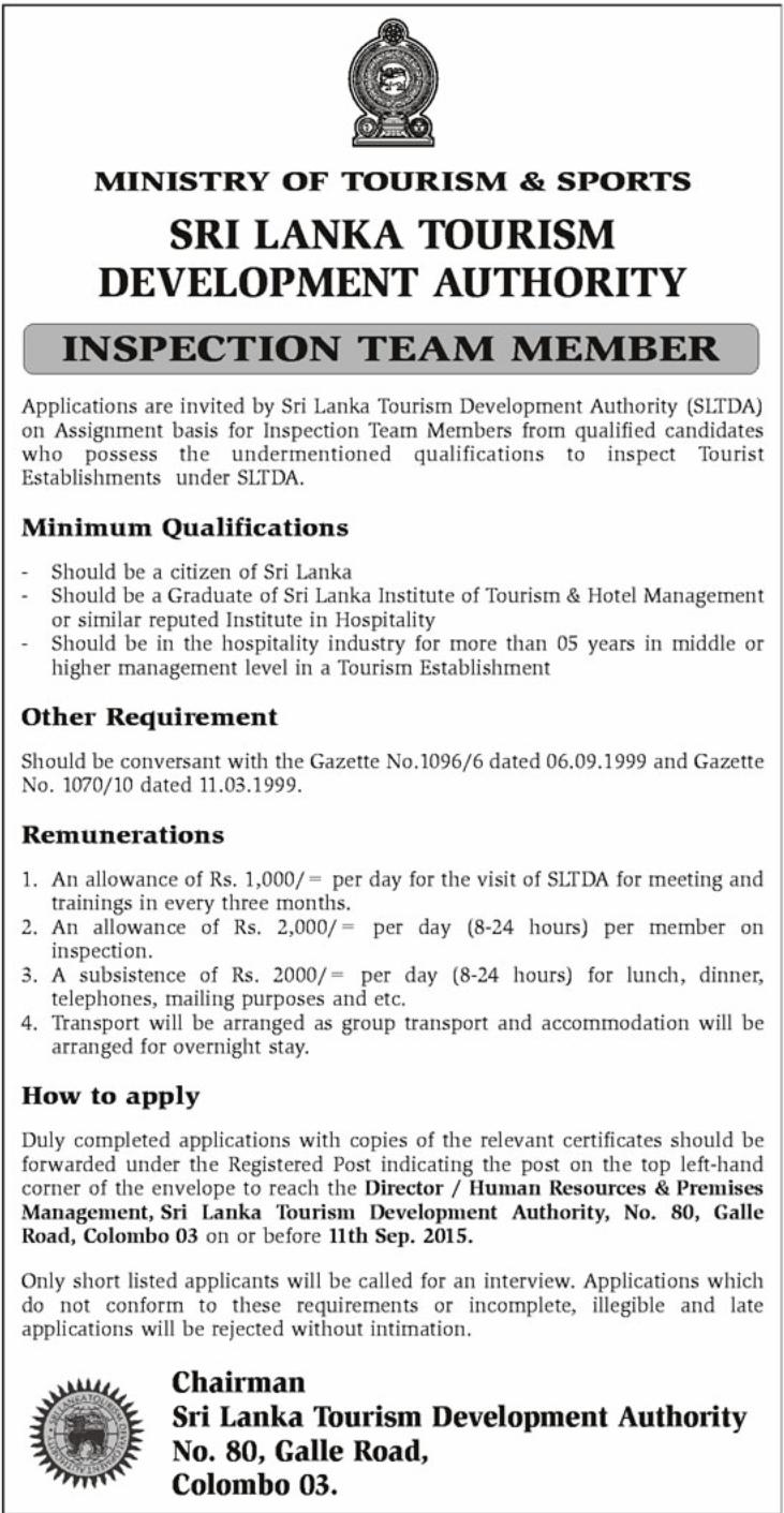 Inspection Team Member Vacancies in Sri Lanka Tourism Development Authority