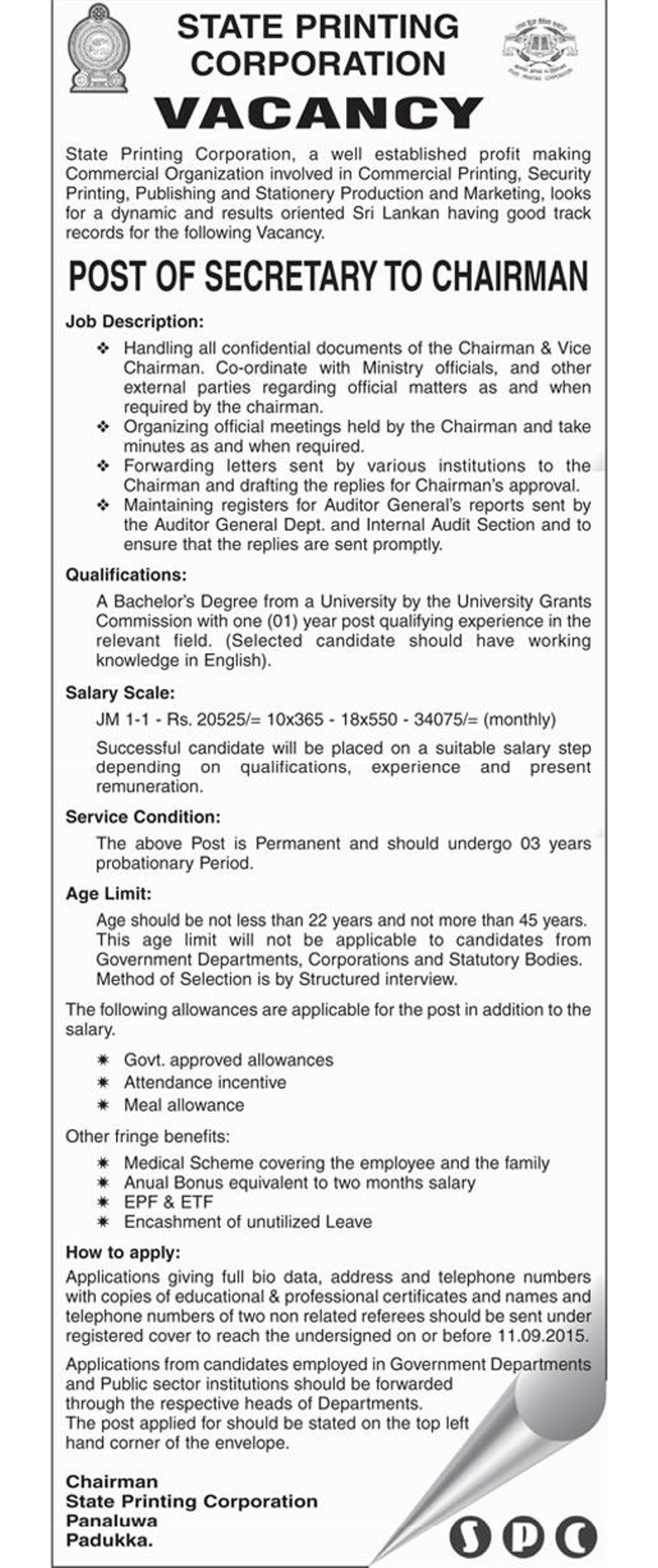Secretary to Chairman Vacancy in State Printing Corporation