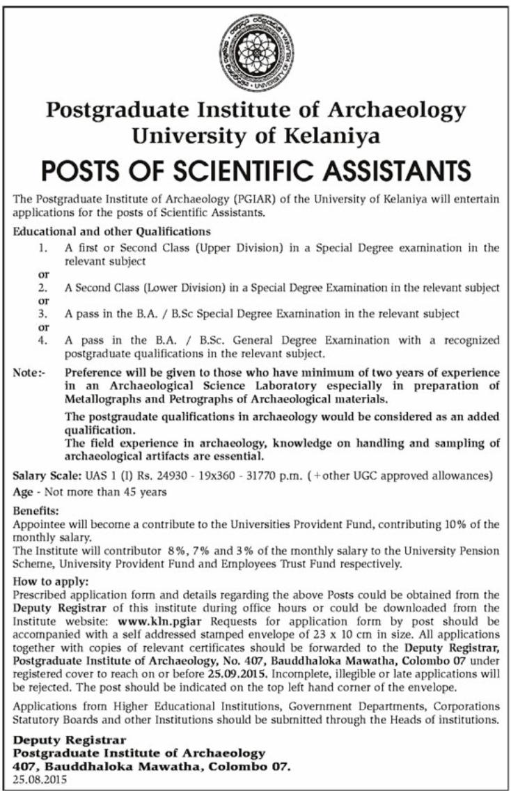 Scientific Assistants Job Vacancy in University of Kelaniya