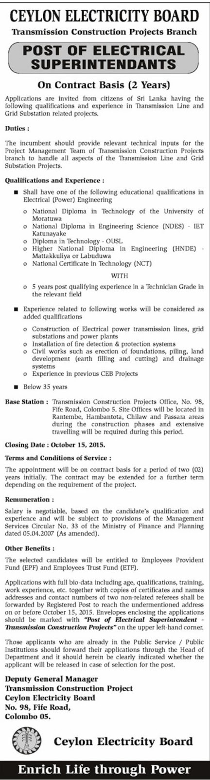Electrical Superintendents Vacancy in Ceylon Electricity Board