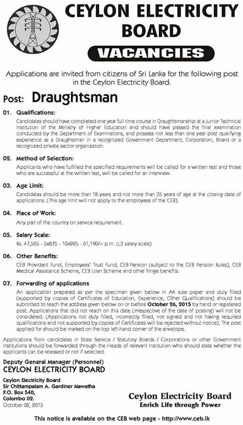 Draughtsman Jobs Vacancies in Ceylon Electricity Board