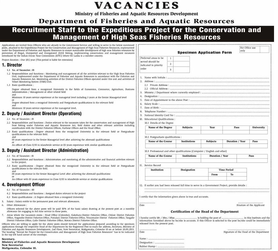 Director & Development Officer Vacancies in Department of Fisheries and Aquatic Resources