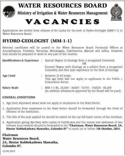 Hydro Geologist Vacancy in Water Resources Board
