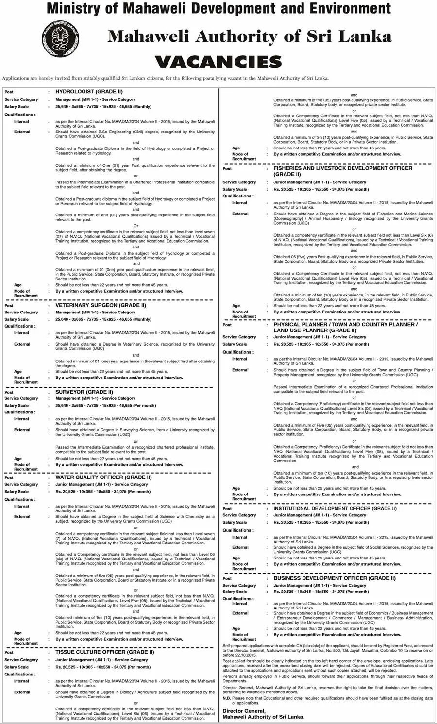Vacancies of Mahaweli Authority Sri Lanka