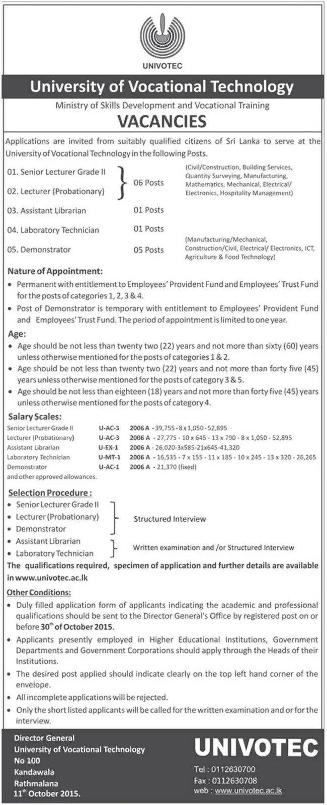 Vacancies of University of Vocational Technology