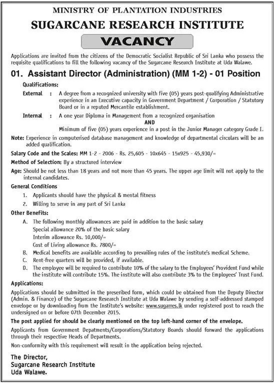 Assistant Director (Administration) Vacancy Sugarcane Research Institute