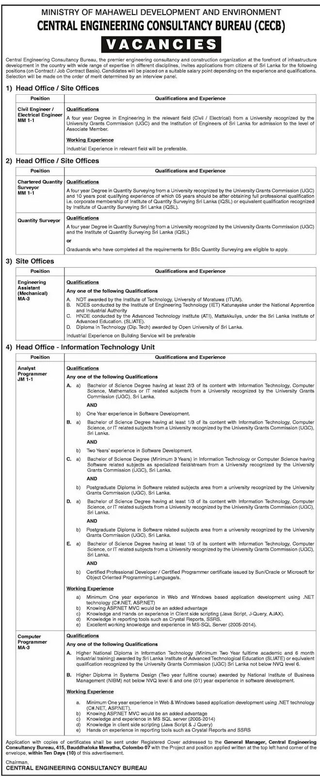 Central Engineering Consultancy Bureau Head Office Vacancies