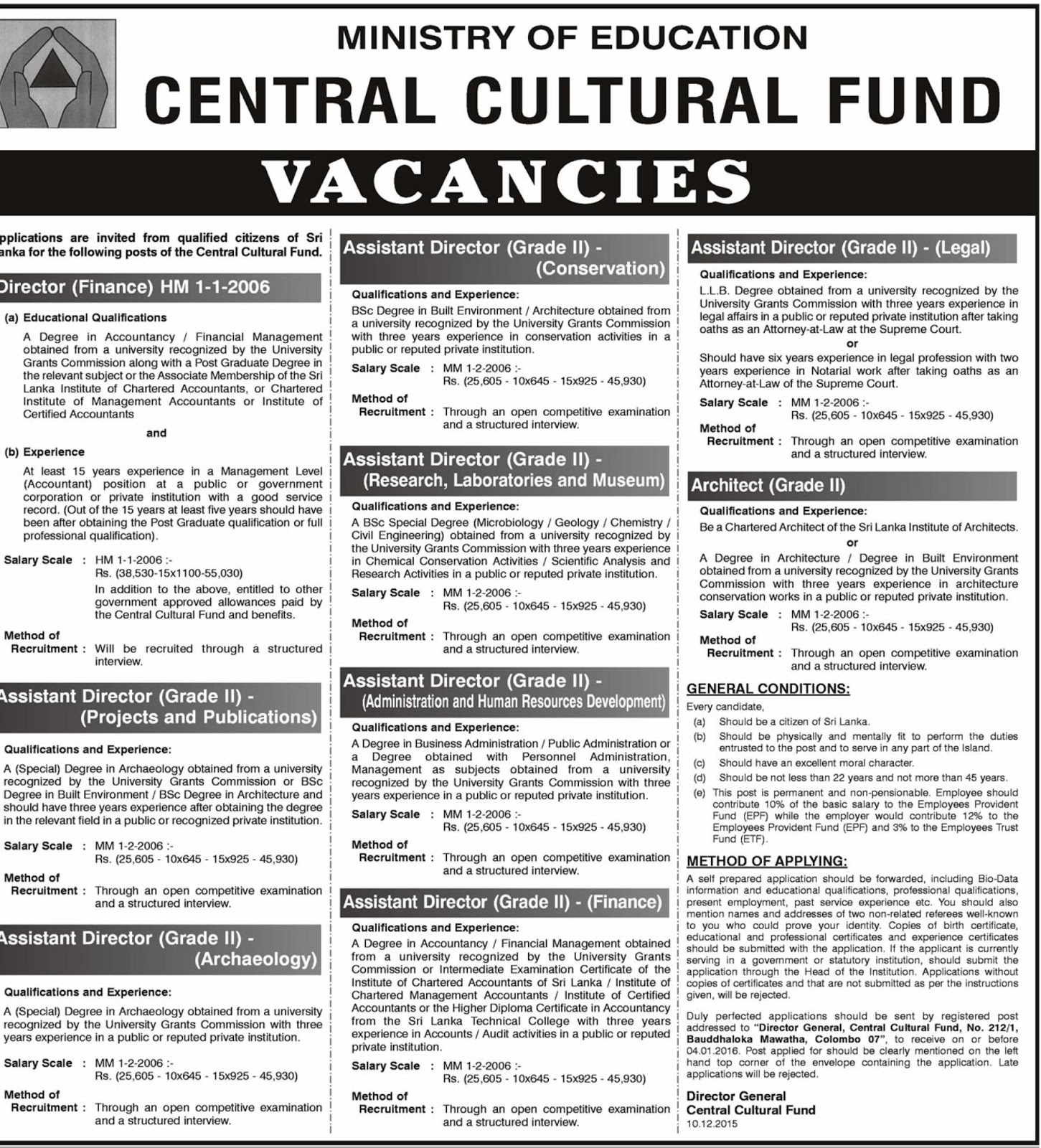 Vacancies of Central Cultural Fund Sri Lanka
