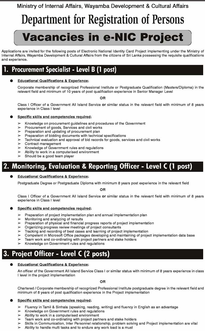 eNIC Project Vacancies in Department of Registration of Persons