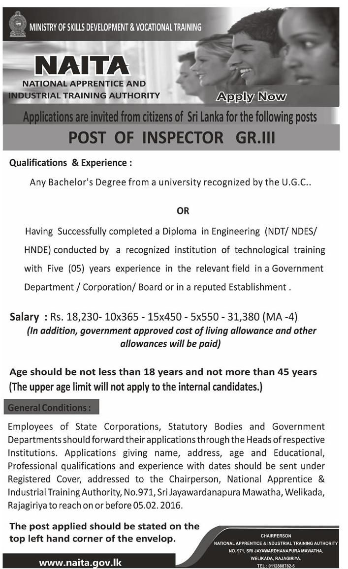 Inspector Job Vacancy in NAITA