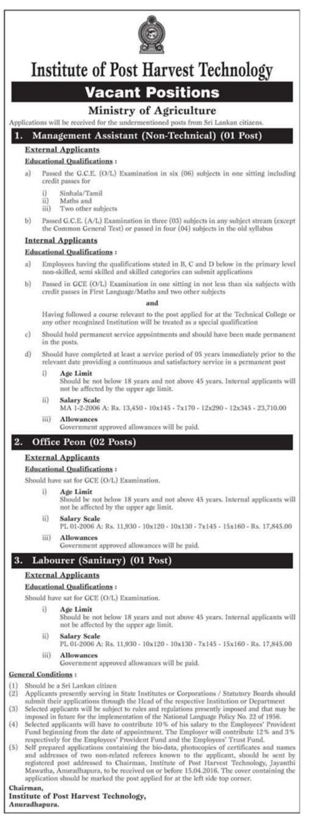 MA / Office Peon / Labourer Vacancies in Institute of Post Harvest Technology