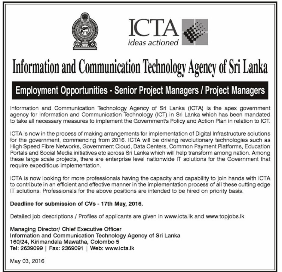 Senior Project Managers / Project Managers Vacancies in ICTA Sri Lanka