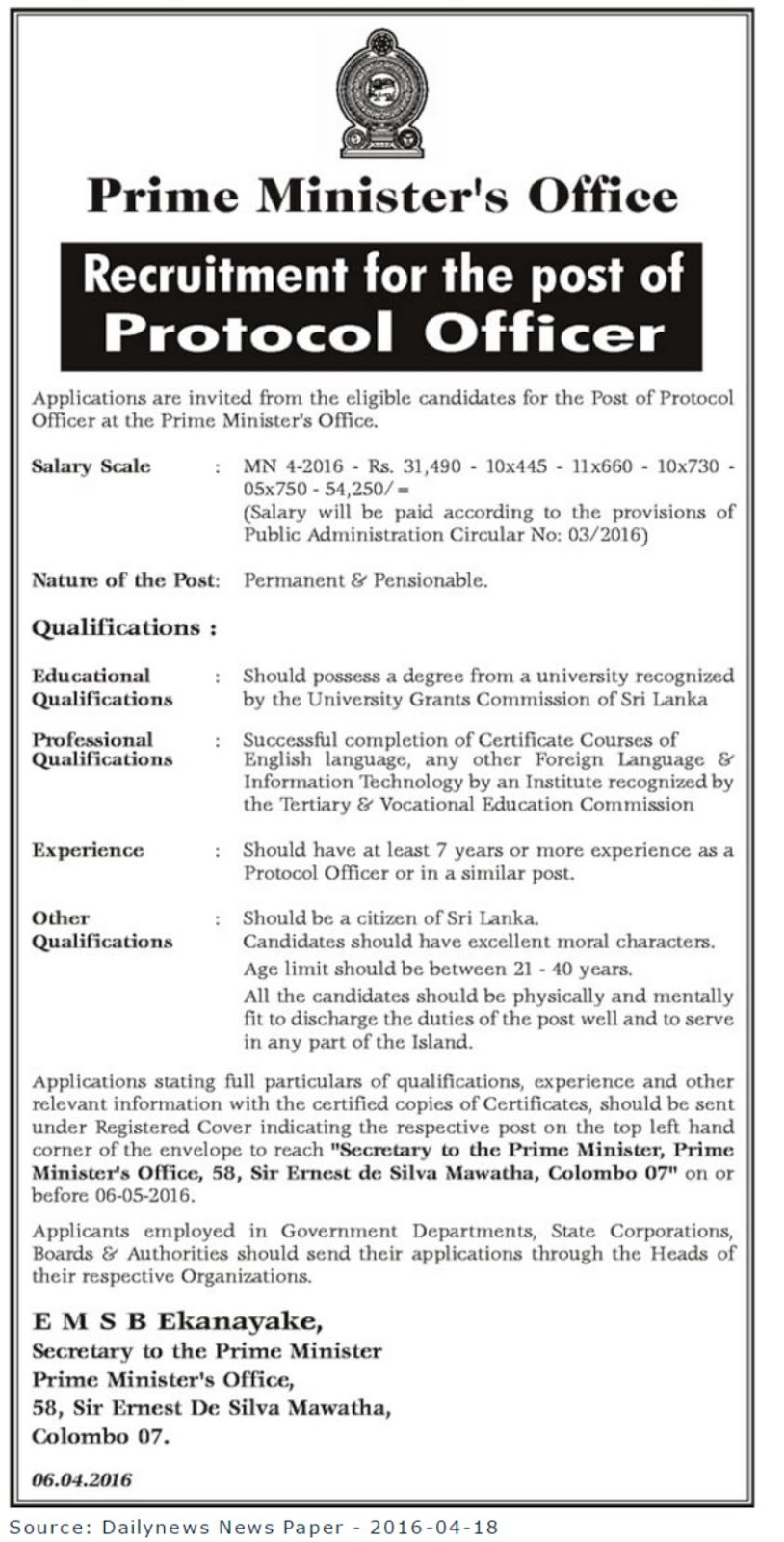 Protocol Officer Job Vacancy in Prime Minister’s Office