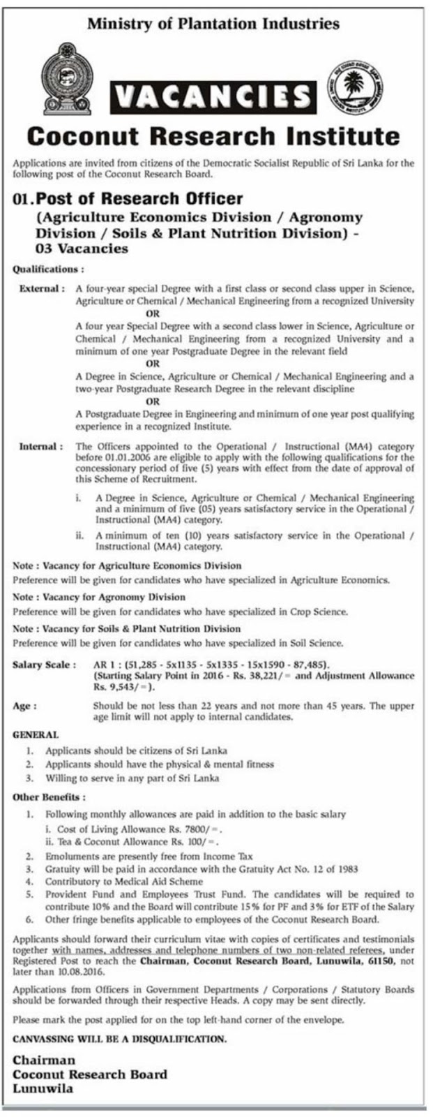 Research Officer Vacancies in Coconut Research Institute
