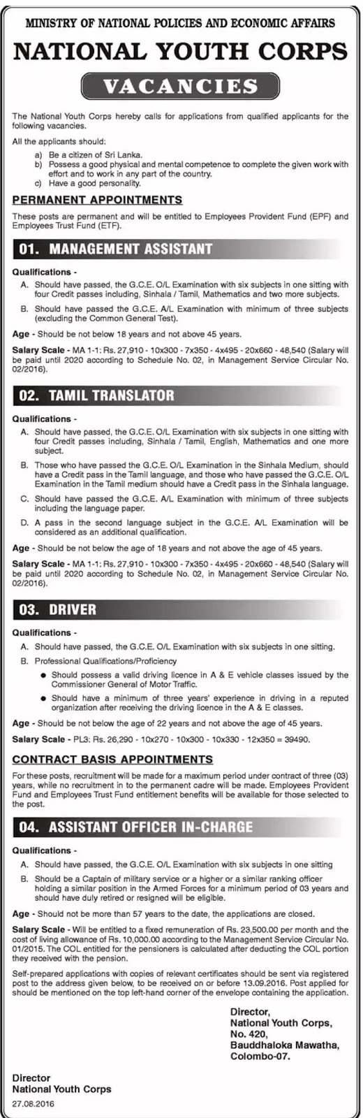 Management Assistant / translator / Driver Vacancies in National Youth Corps