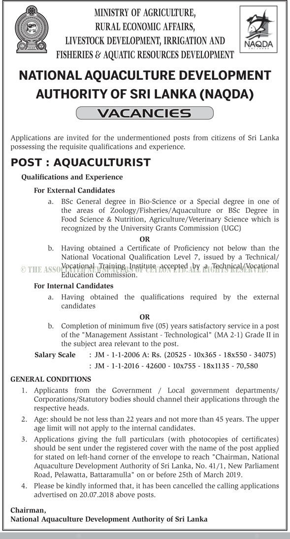 Aquaculturist jobs Vacancies in NAQDA Sri Lanka