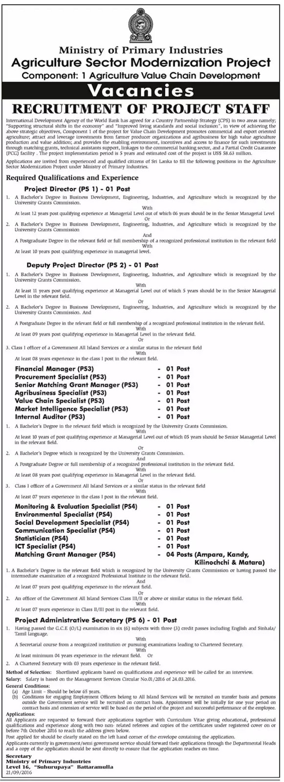 Ministry of Primary Industries Project Sri Lanka Vacancies