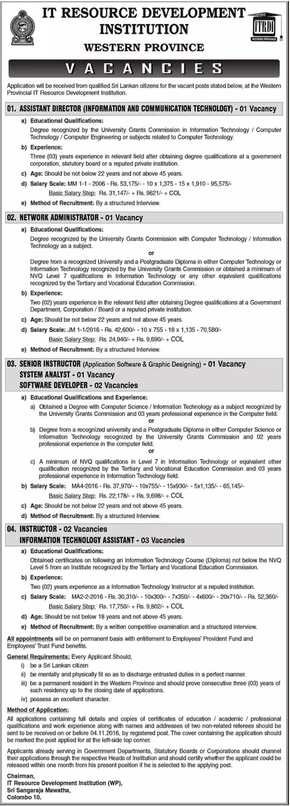 IT Resource Development Institute Vacancies in Western Province