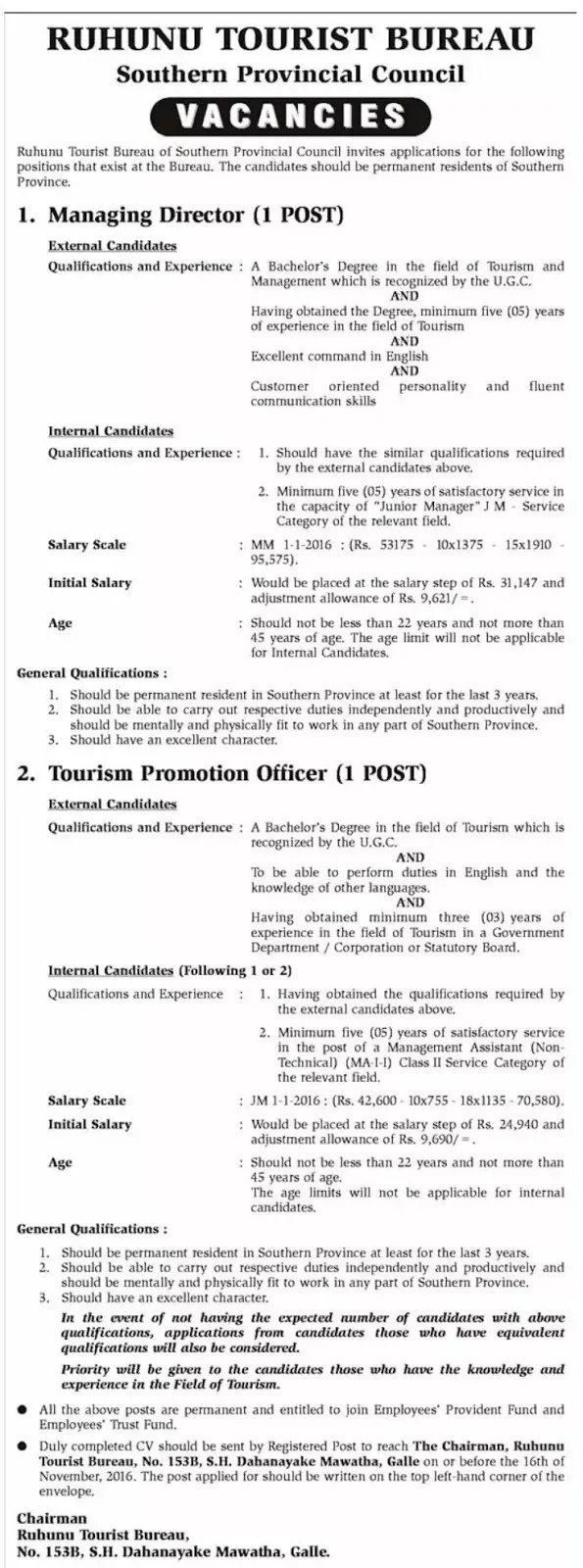 Ruhunu Tourist Bureau Sri Lanka Vacancies