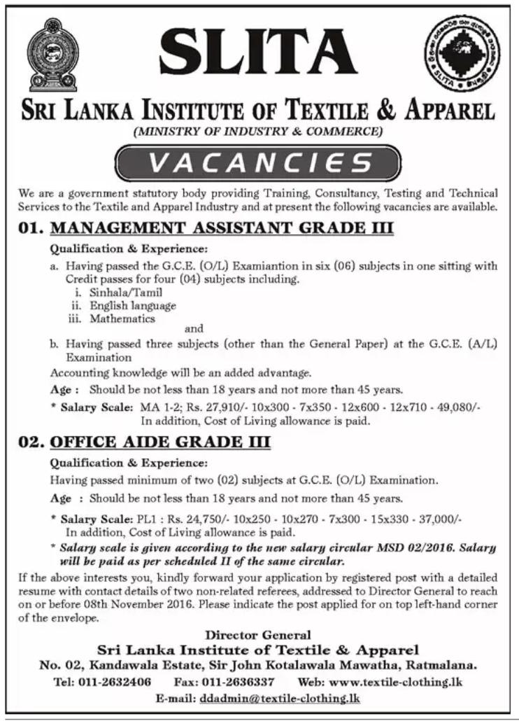 Management Assistant / Office Aid Vacancies in SLITA