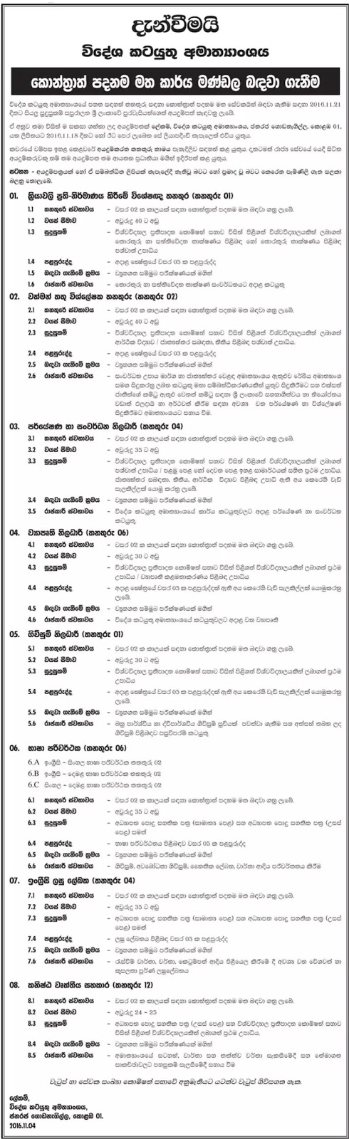 Ministry of Foreign Affairs Sri Lanka Contract Basis Vacancies