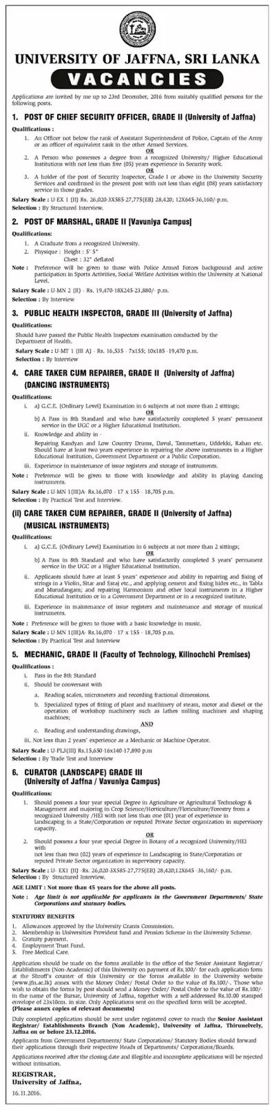Chief Security Officer / Marshal / Public Health Inspector – University of Jaffna