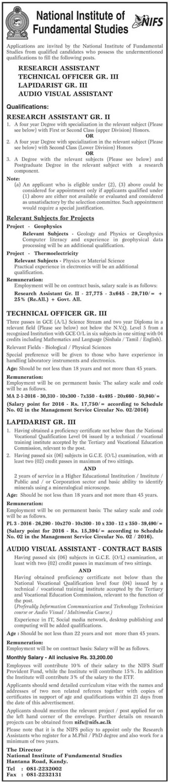 Research Assistant / Technical Officer / Lapidarist Vacancies in NIFS