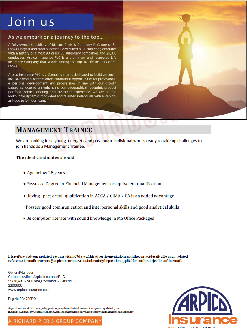 Management Trainee Vacancies in Arpico Insurance PLC
