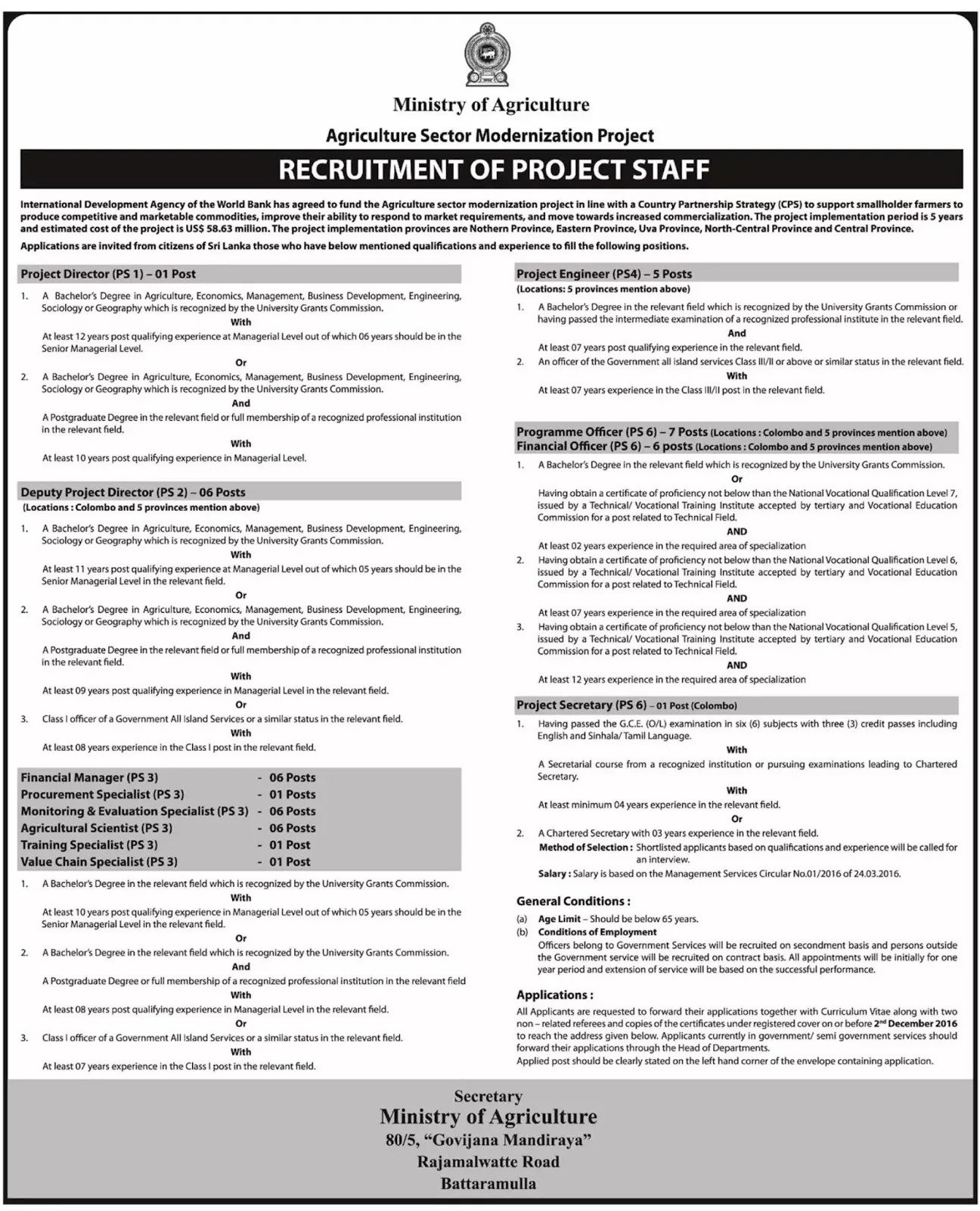 Project Vacancies in Ministry of Agriculture