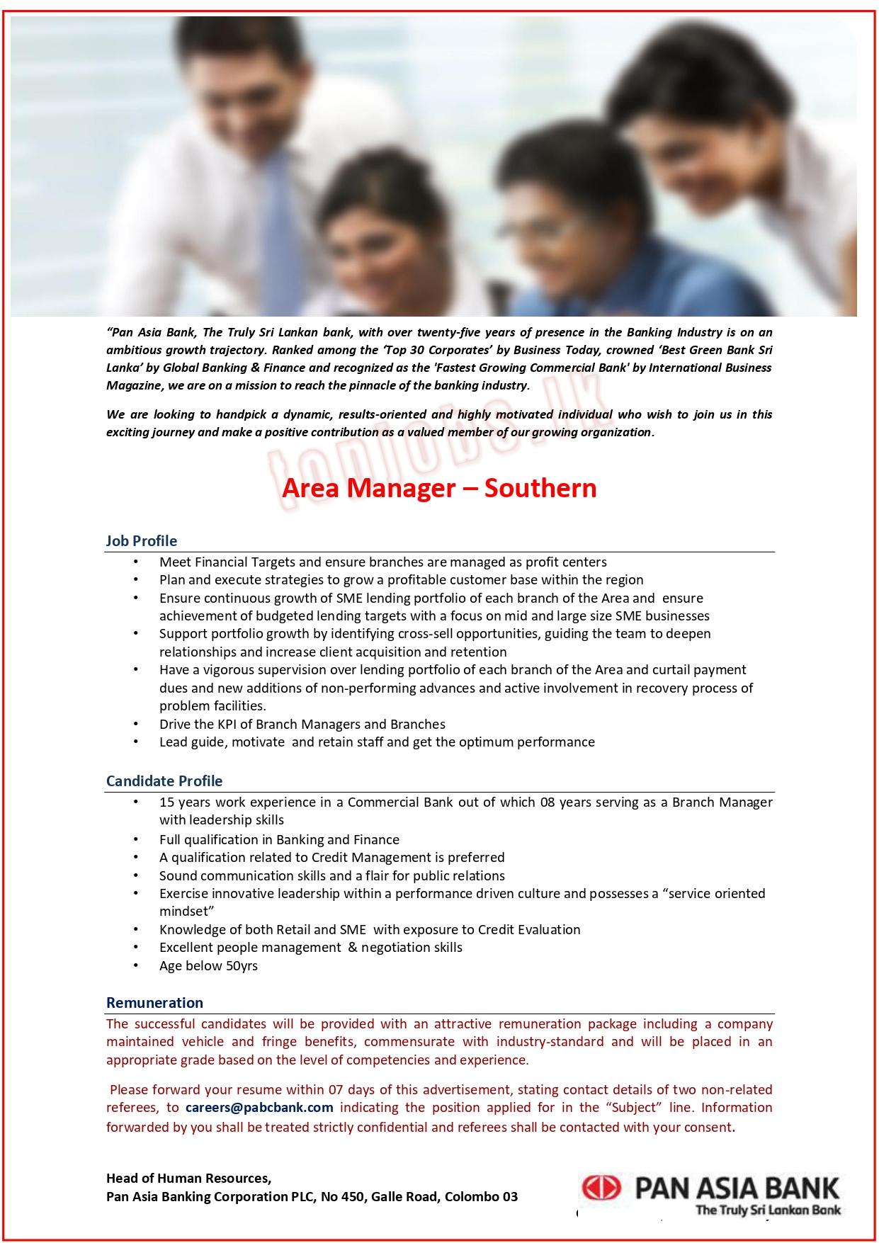 Area Manager of Southern Province Vacancies in Pan Asia Bank