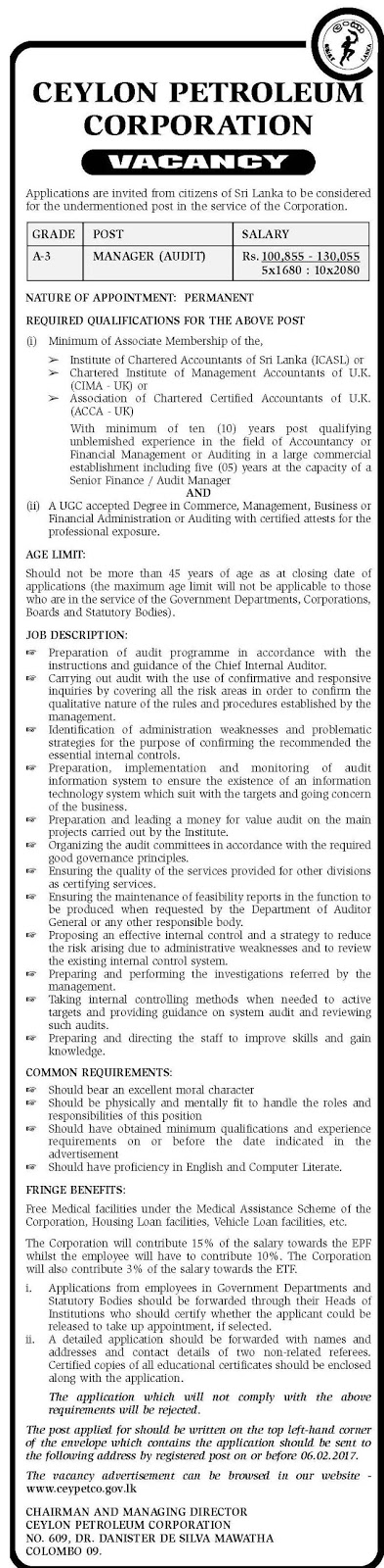 Manager (Audit) Vacancy in Ceylon Petroleum Corporation