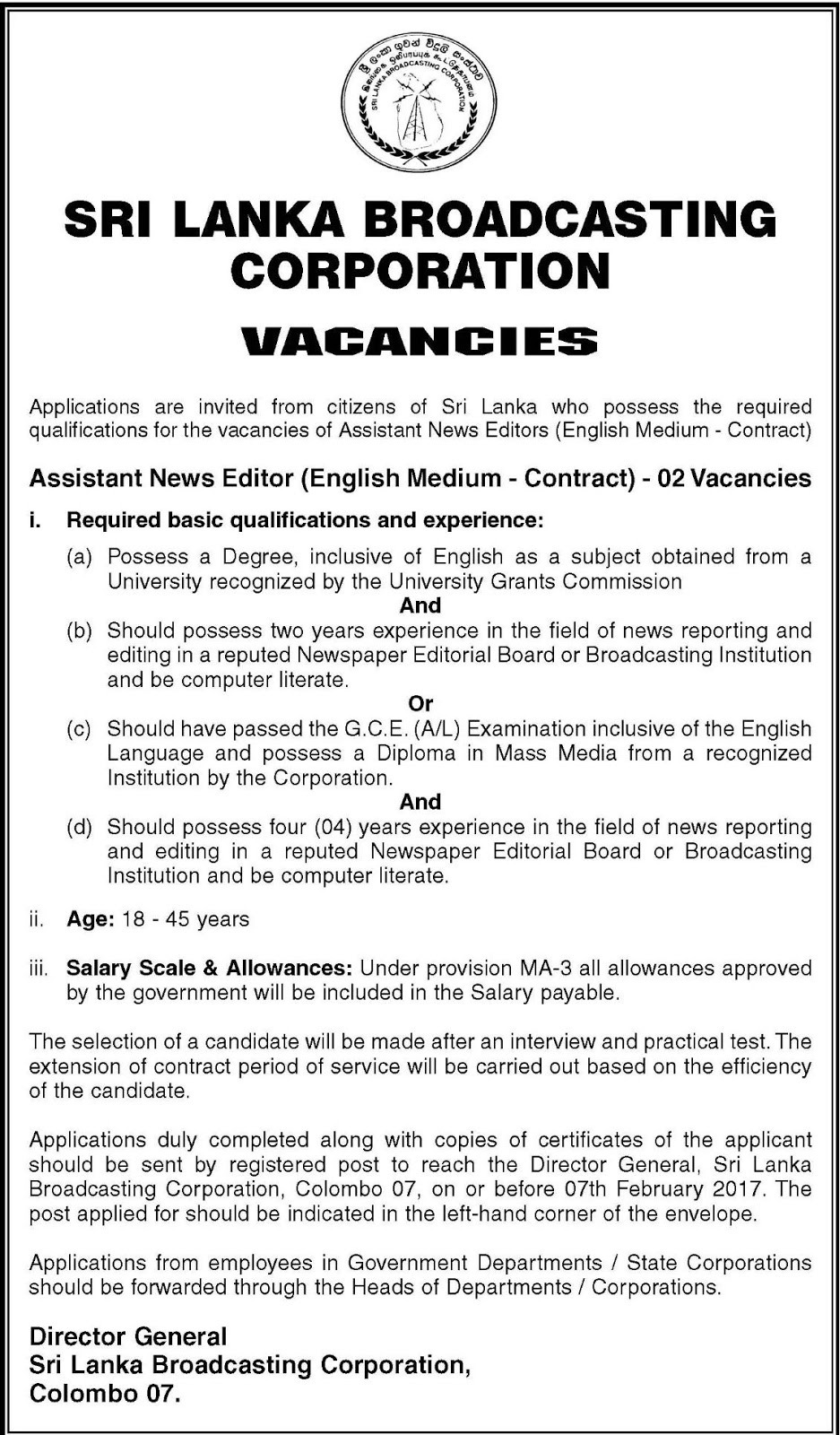 Assistant News Editor (English Medium) Vacancies in SLBC