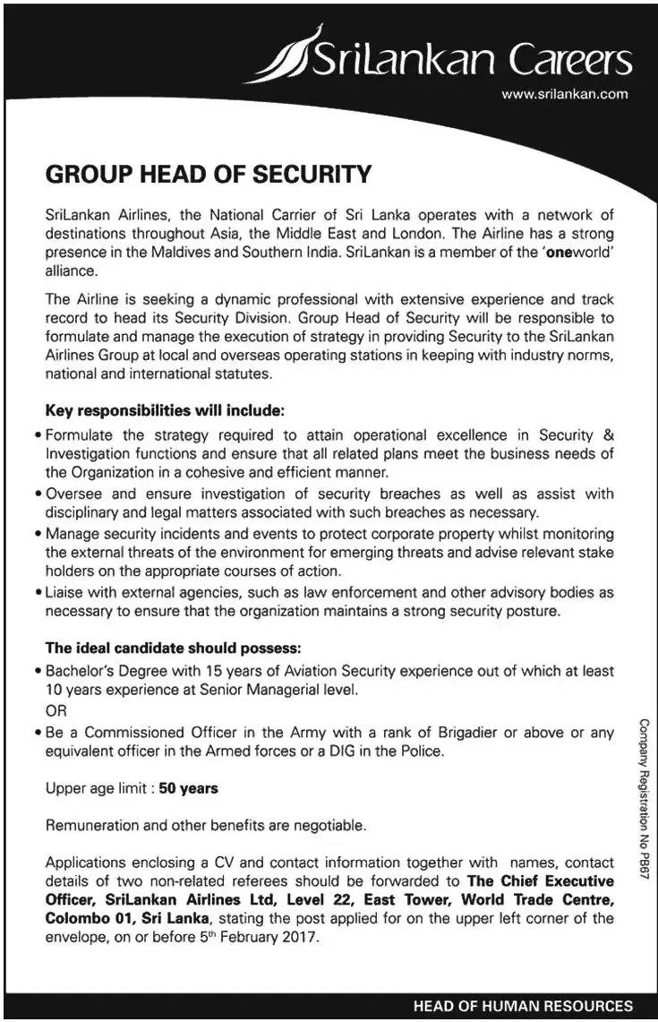 Head of Security Job Vacancy in Sri Lankan Airlines