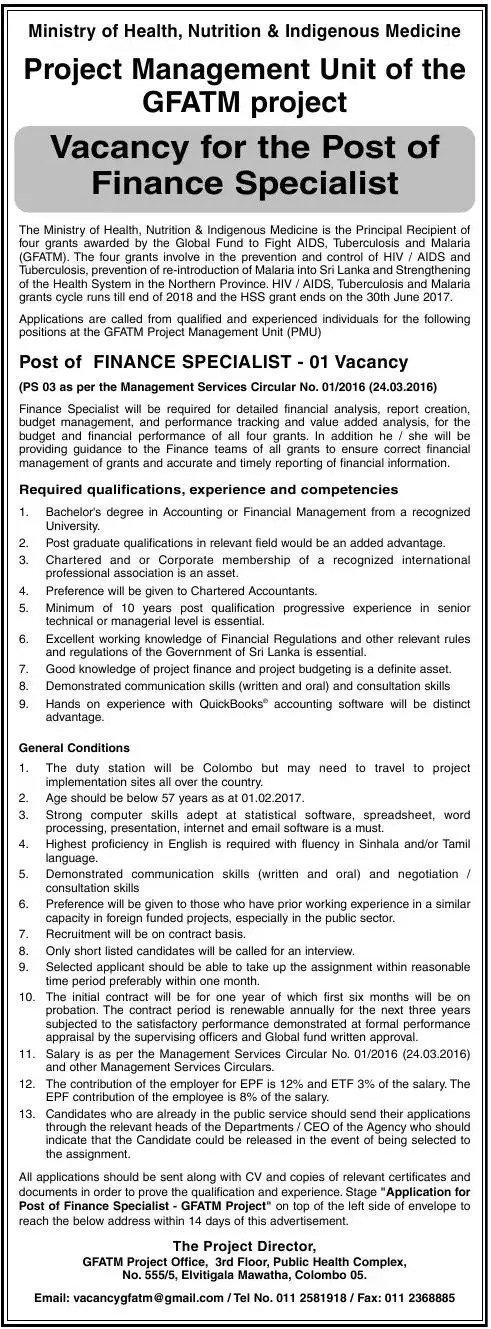 Finance Specialist Vacancy in Ministry of Health, Nutrition