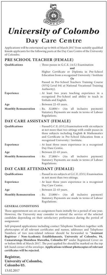 Day Care Centre Vacancies in University of Colombo