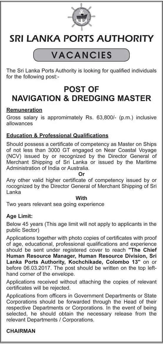 Navigation & Dredging Master Vacancy in SL Ports Authority
