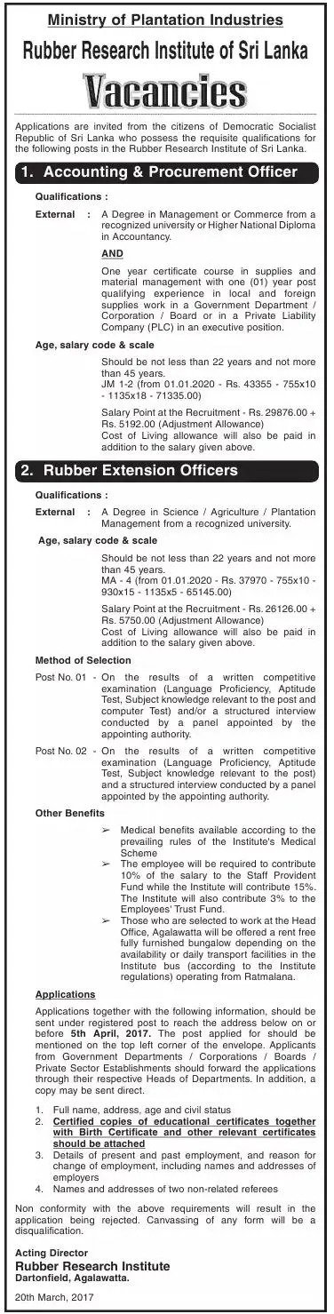 Accounting & Procurement Officer / Rubber Extension Officer – Rubber Research Institute