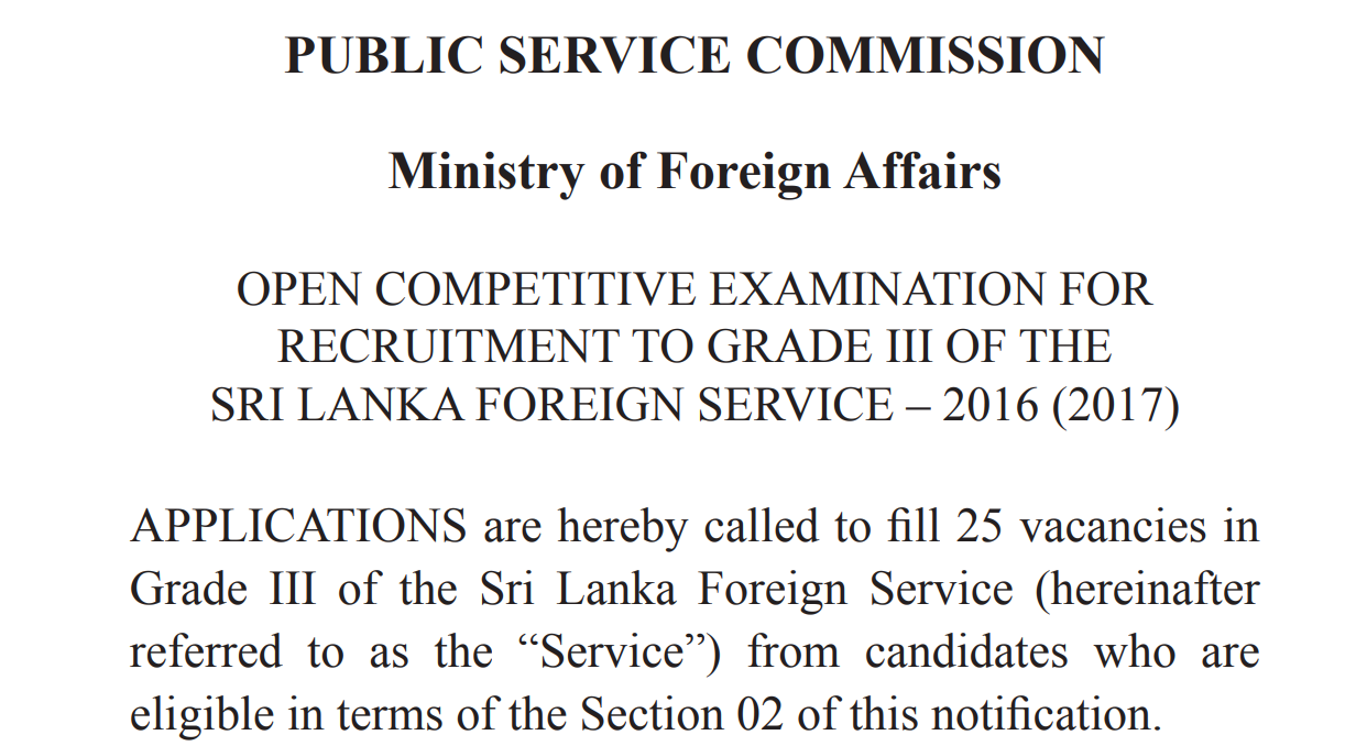 Sri Lanka Foreign Service Grade III (Open Competitive Exam) – Ministry of Foreign Affairs