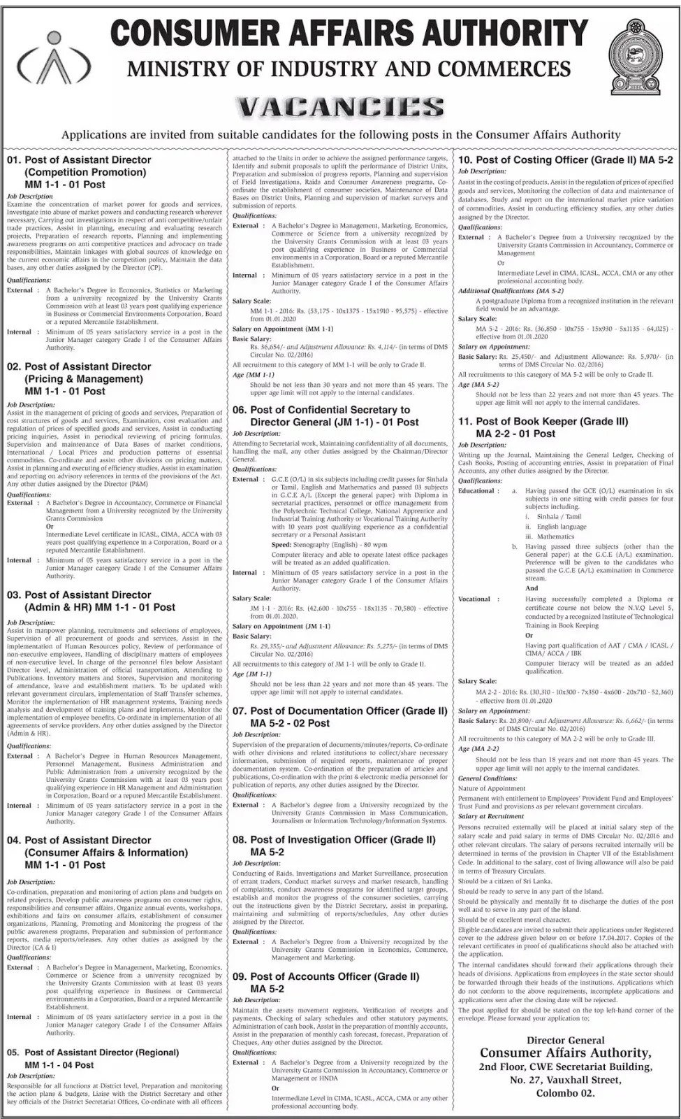 Costing Officer / Book Keeper Vacancies in Consumer Affairs Authority