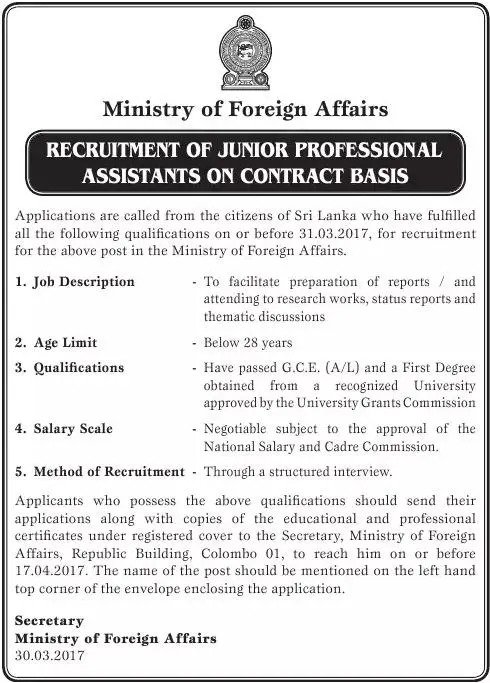 Junior Professional Assistant Vacancy in Ministry of Foreign Affairs